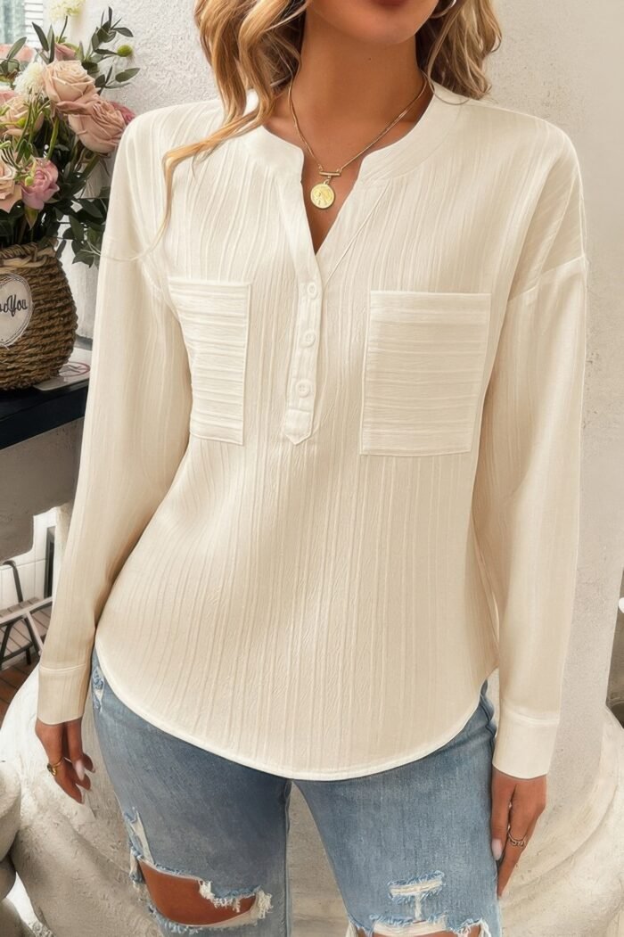 Pleated V Neck Pockets Button Drop Shoulder Blouse - Image 6
