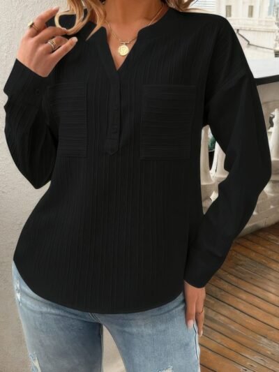 Pleated V Neck Pockets Button Drop Shoulder Blouse Pleated V Neck Pockets Button Drop Shoulder Blouse