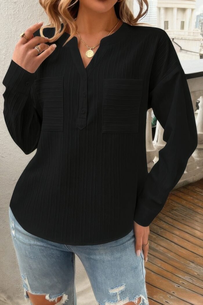 Pleated V Neck Pockets Button Drop Shoulder Blouse - Image 9