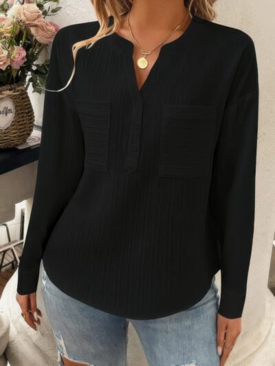 Pleated V Neck Pockets Button Drop Shoulder Blouse Pleated V Neck Pockets Button Drop Shoulder Blouse