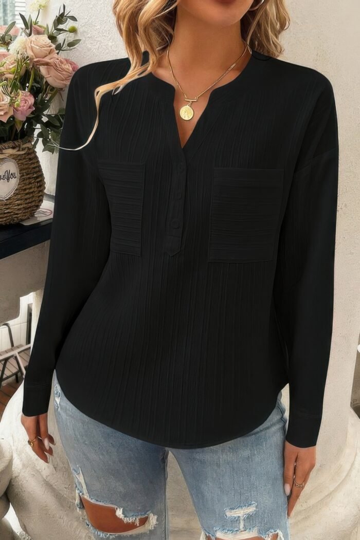 Pleated V Neck Pockets Button Drop Shoulder Blouse - Image 11