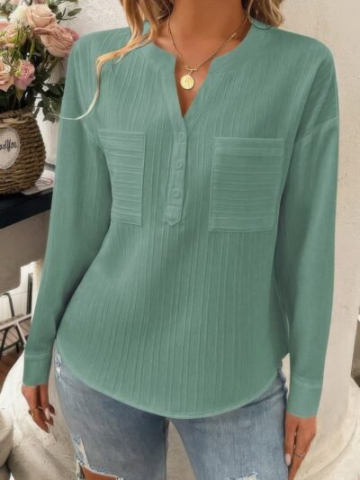 Pleated V Neck Pockets Button Drop Shoulder Blouse Pleated V Neck Pockets Button Drop Shoulder Blouse