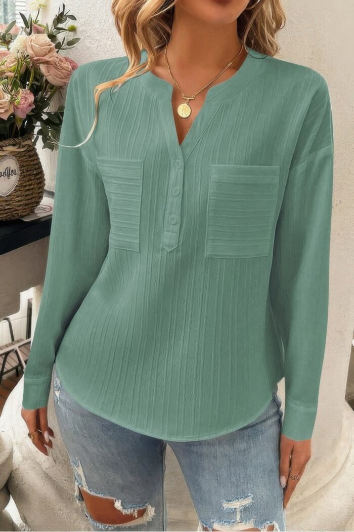 Pleated V Neck Pockets Button Drop Shoulder Blouse - Image 13