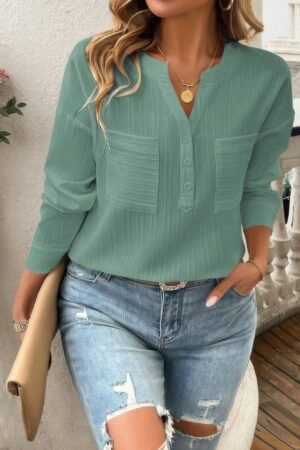 Pleated V Neck Pockets Button Drop Shoulder Blouse