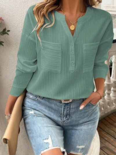 Pleated V Neck Pockets Button Drop Shoulder Blouse Pleated V Neck Pockets Button Drop Shoulder Blouse
