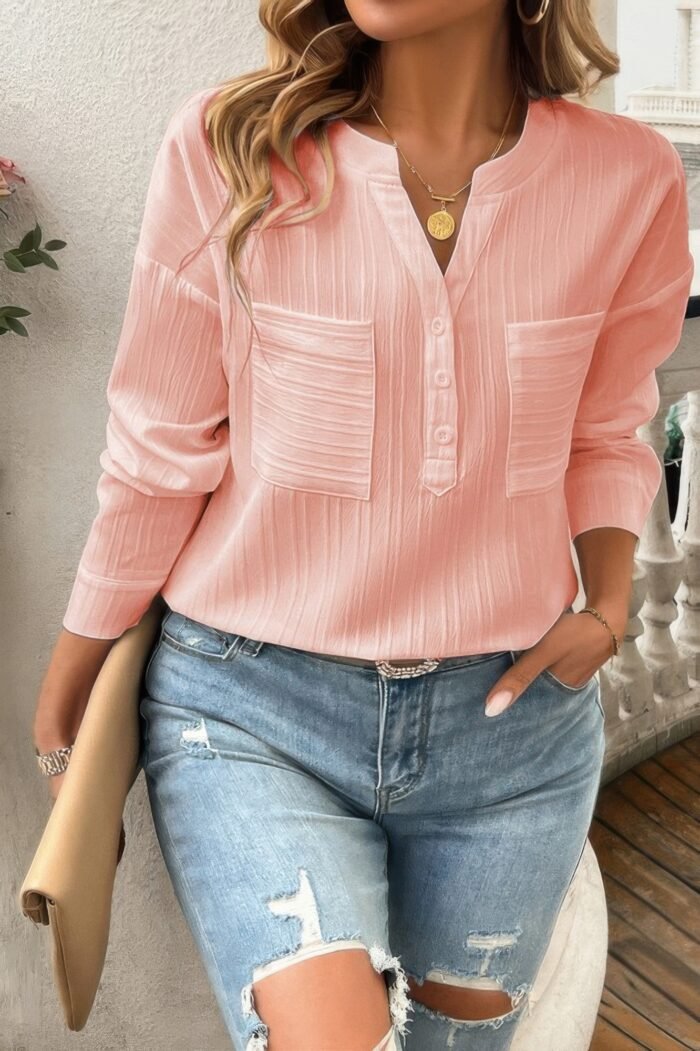 Pleated V Neck Pockets Button Drop Shoulder Blouse - Image 17
