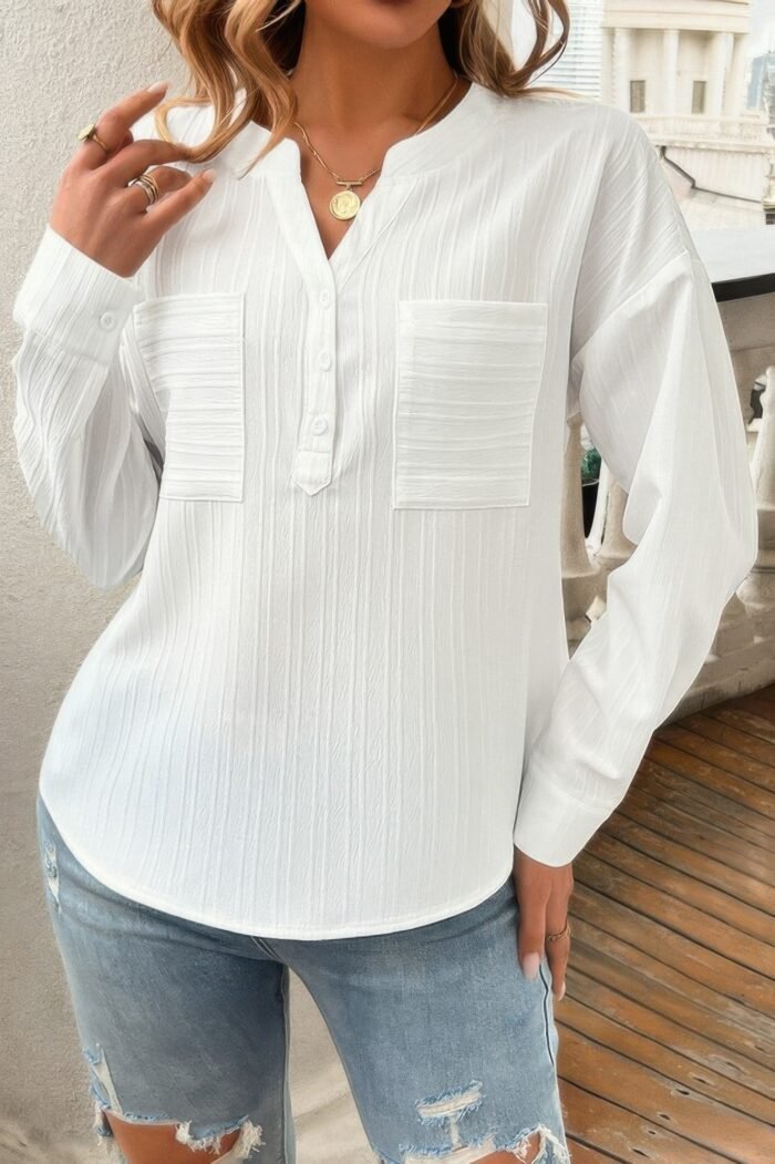 Pleated V Neck Pockets Button Drop Shoulder Blouse - Image 19