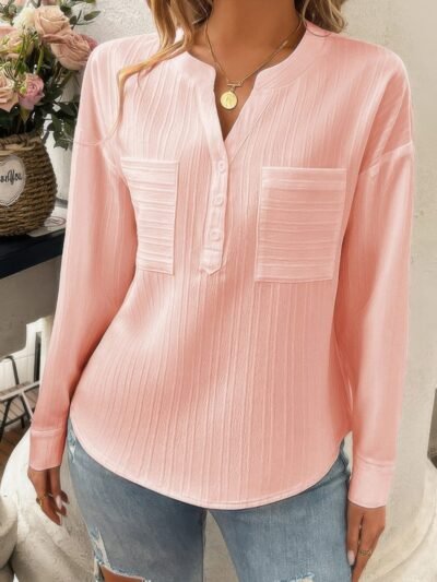 Pleated V Neck Pockets Button Drop Shoulder Blouse Pleated V Neck Pockets Button Drop Shoulder Blouse