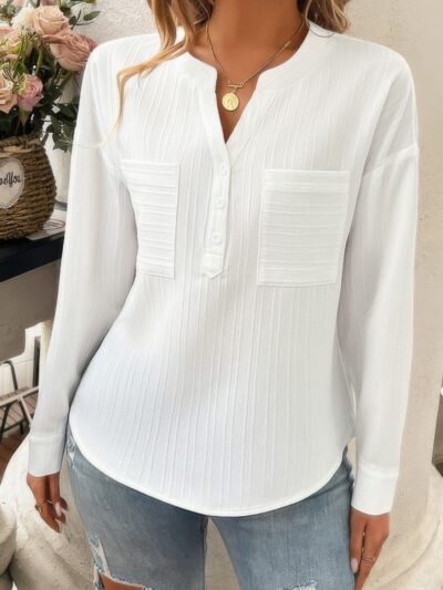 Pleated V Neck Pockets Button Drop Shoulder Blouse Pleated V Neck Pockets Button Drop Shoulder Blouse