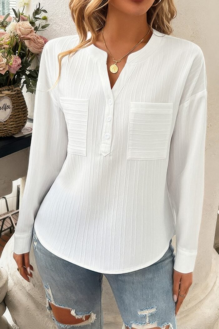 Pleated V Neck Pockets Button Drop Shoulder Blouse - Image 25