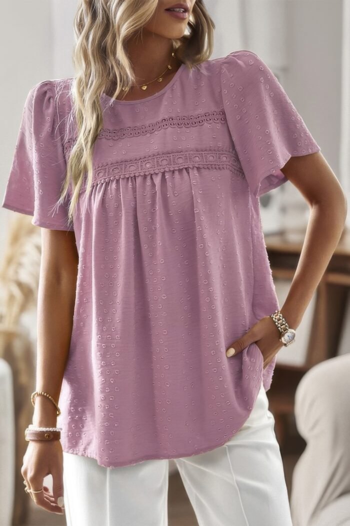 Loose Fit Dot Solid Lace Round Neck Top - Image 1