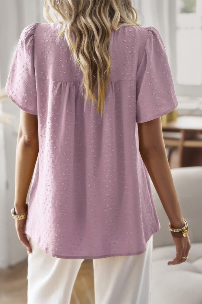 Loose Fit Dot Solid Lace Round Neck Top - Image 3