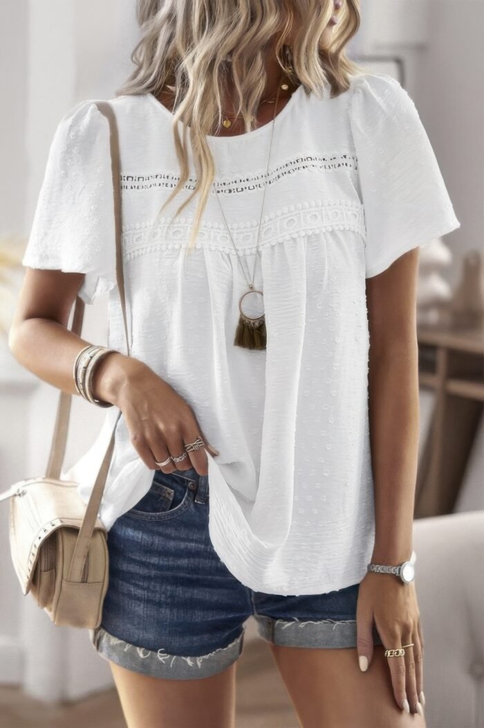 Loose Fit Dot Solid Lace Round Neck Top - Image 4