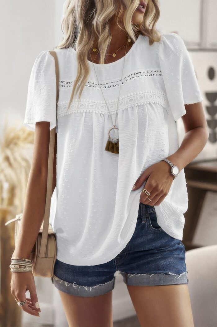 Loose Fit Dot Solid Lace Round Neck Top - Image 5