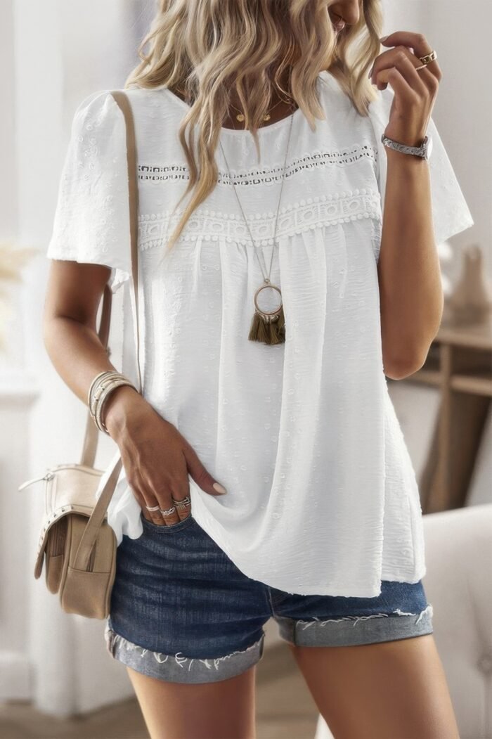 Loose Fit Dot Solid Lace Round Neck Top - Image 6