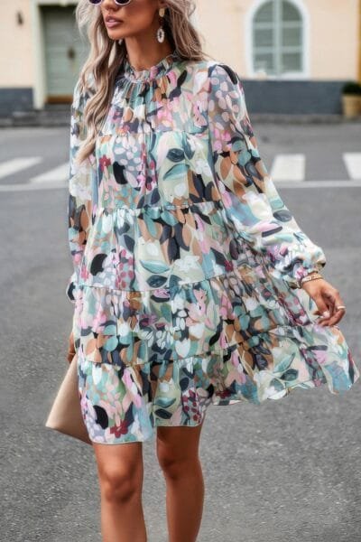 Color Block Hem Ruffle Printing Loose Fit Mini Dress Color Block Hem Ruffle Printing Loose Fit Midi Dress