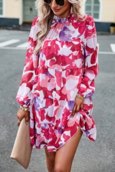 Color Block Hem Ruffle Printing Loose Fit Mini Dress Color Block Hem Ruffle Printing Loose Fit Midi Dress