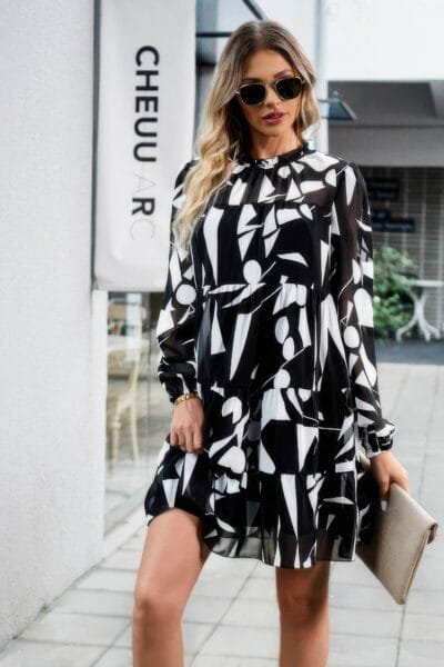 Color Block Hem Ruffle Printing Loose Fit Mini Dress Color Block Hem Ruffle Printing Loose Fit Midi Dress
