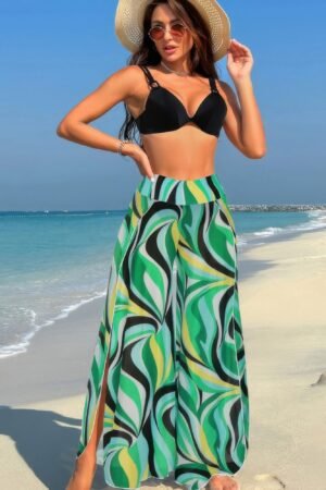 Printed Two Pieces Split Sheer Mesh Pants Swimsuit Printed Two Pieces Split Sheer Mesh Pants Swimsuit