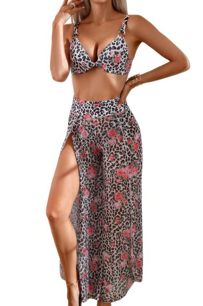 Printed Two Pieces Split Sheer Mesh Pants Swimsuit - Image 14