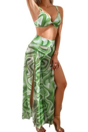 Printed Two Pieces Split Sheer Mesh Pants Swimsuit Printed Two Pieces Split Sheer Mesh Pants Swimsuit