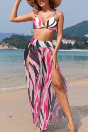 Printed Two Pieces Split Sheer Mesh Pants Swimsuit Printed Two Pieces Split Sheer Mesh Pants Swimsuit