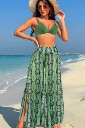 Printed Two Pieces Split Sheer Mesh Pants Swimsuit Printed Two Pieces Split Sheer Mesh Pants Swimsuit