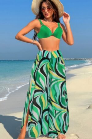 Printed Two Pieces Split Sheer Mesh Pants Swimsuit Printed Two Pieces Split Sheer Mesh Pants Swimsuit