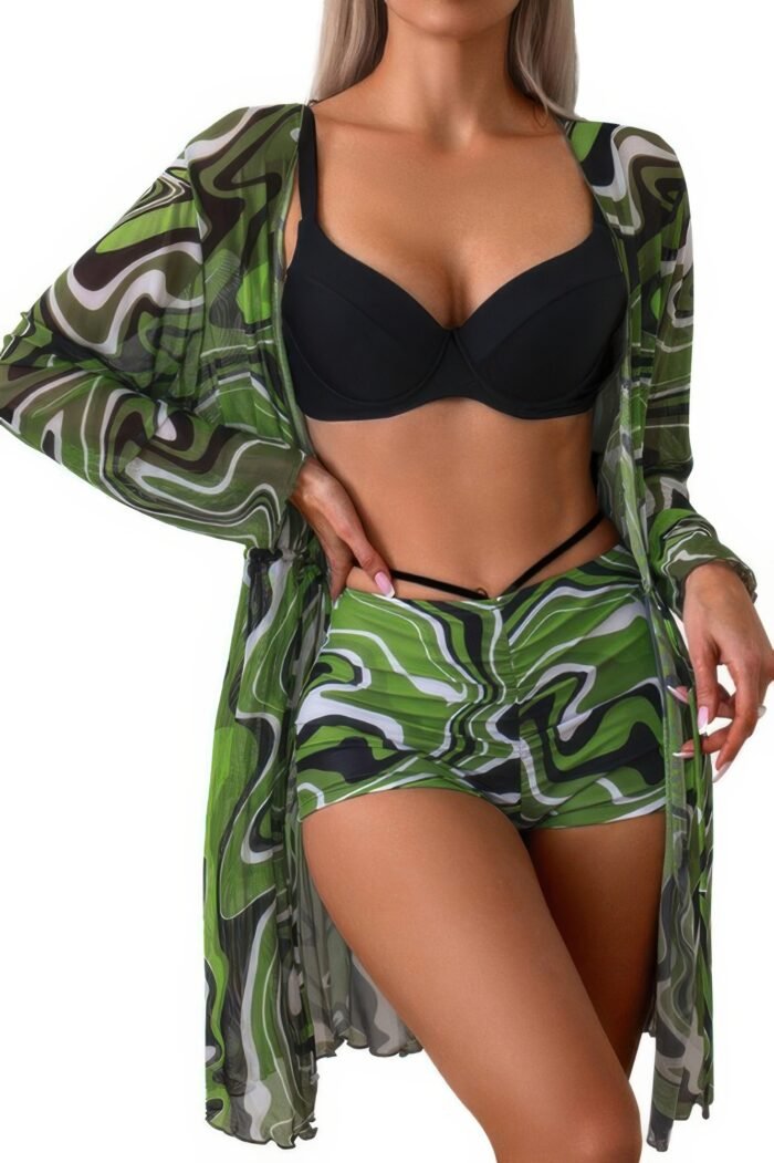 Three Piece Push Up High Waisted Kimono Swimsuit - Image 1