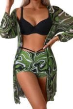 Three Piece Push Up High Waisted Kimono Swimsuit