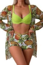 Three Piece Push Up High Waisted Kimono Swimsuit