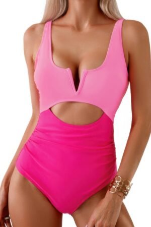 One Piece Cut Out Fit Color Block Swimsuit