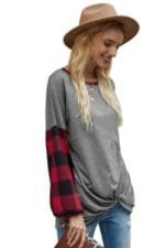 Round Neck Lantern Sleeve Patchwork Pullover