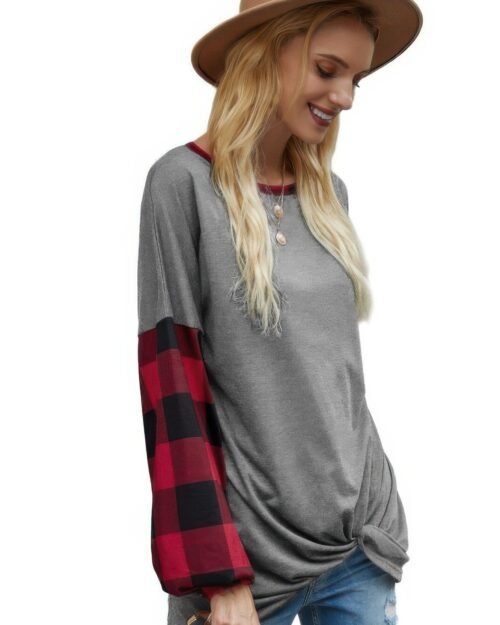 Round Neck Lantern Sleeve Patchwork Pullover