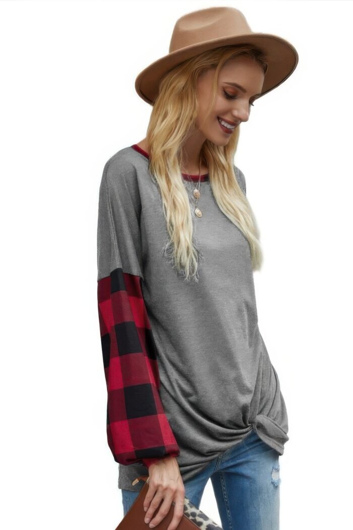 Round Neck Lantern Sleeve Patchwork Pullover - Image 1