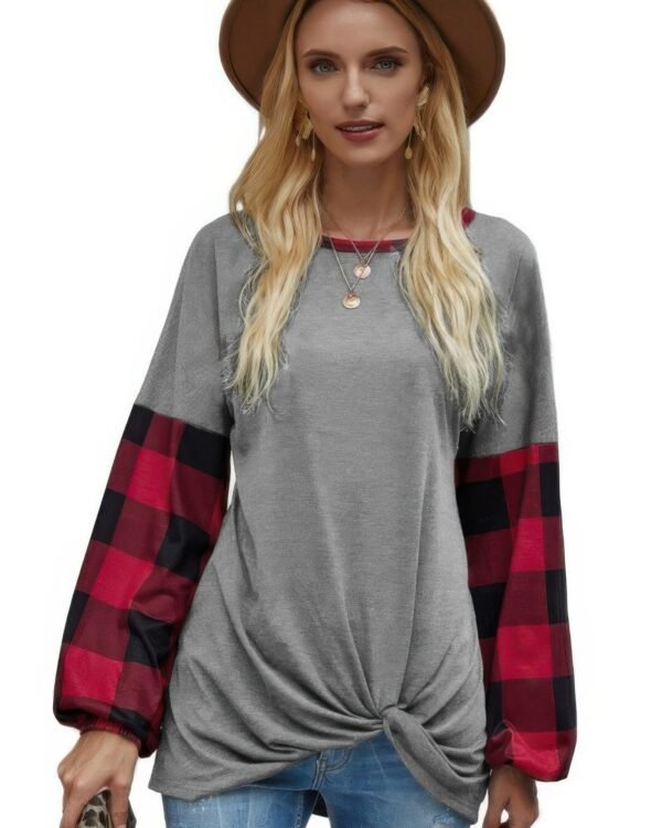 Round Neck Lantern Sleeve Patchwork Pullover