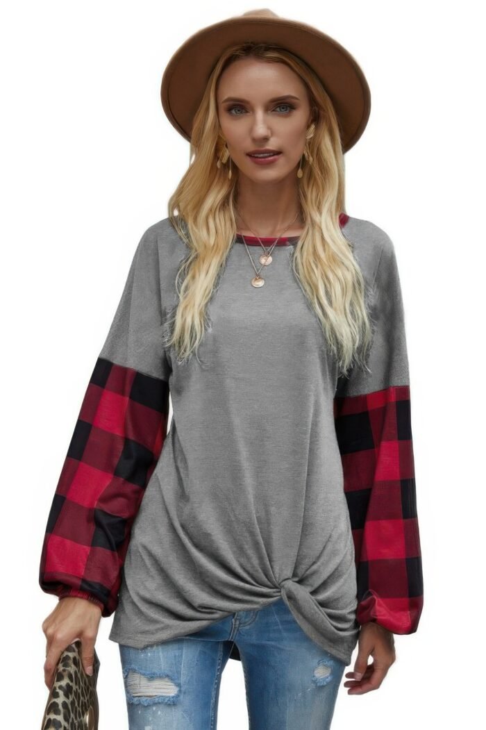 Round Neck Lantern Sleeve Patchwork Pullover - Image 2