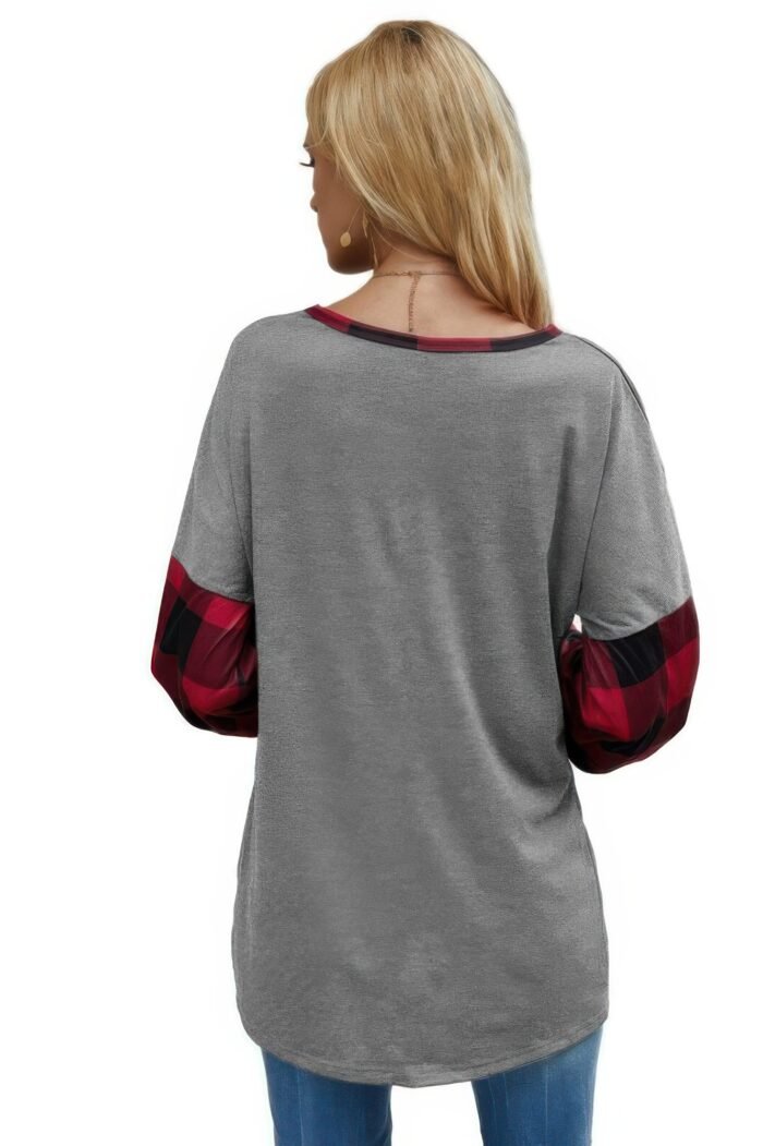 Round Neck Lantern Sleeve Patchwork Pullover - Image 3