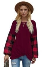 Round Neck Lantern Sleeve Patchwork Pullover