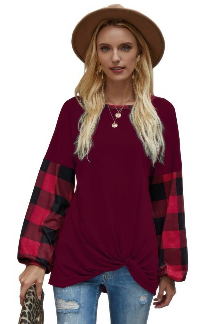 Round Neck Lantern Sleeve Patchwork Pullover - Image 4