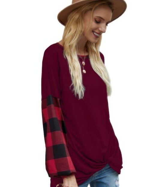 round neck lantern sleeve patchwork pullover
