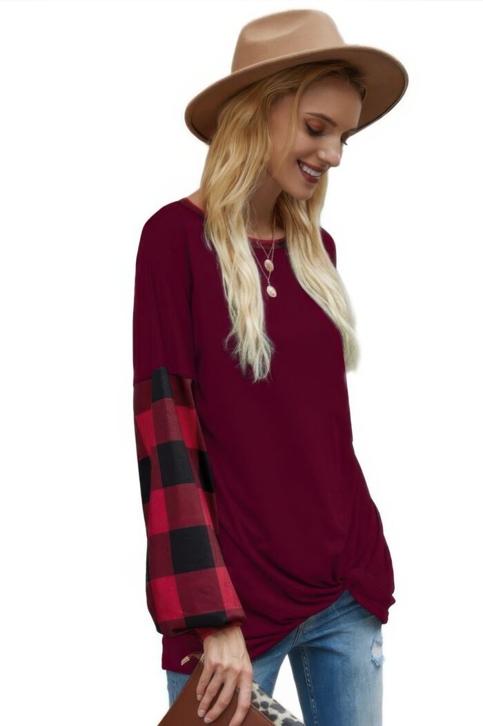 Round Neck Lantern Sleeve Patchwork Pullover - Image 5