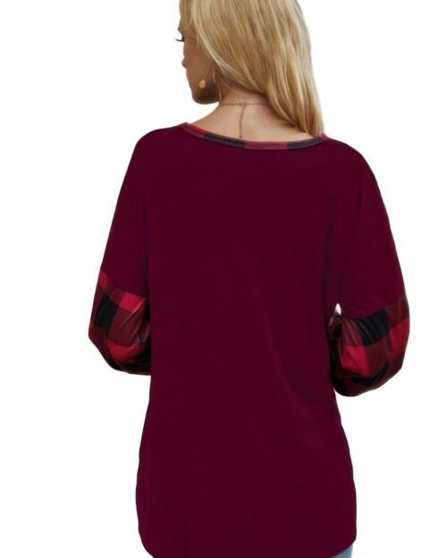 round neck lantern sleeve patchwork pullover