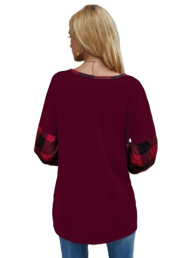 Round Neck Lantern Sleeve Patchwork Pullover - Image 6