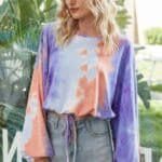 Round Neck Tie Dye Long Balloon Sleeve Top