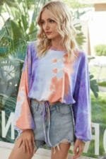 Round Neck Tie Dye Long Balloon Sleeve Top
