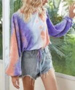 Round Neck Tie Dye Long Balloon Sleeve Top