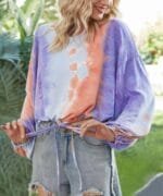 Round Neck Tie Dye Long Balloon Sleeve Top