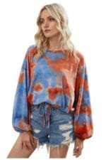 Round Neck Tie Dye Long Balloon Sleeve Top