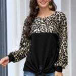 Leopard Stitching Bow Knit Crew Neck Loose Pullover